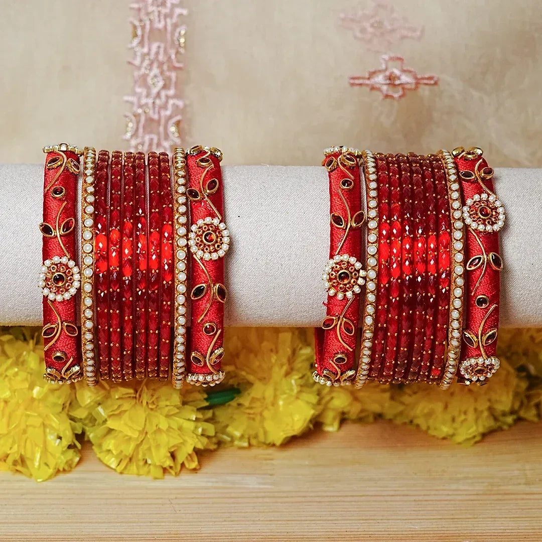 Traditional Thread Work Mini Glass Bangles Set for Women (Both Hands) - The Golden Cascade